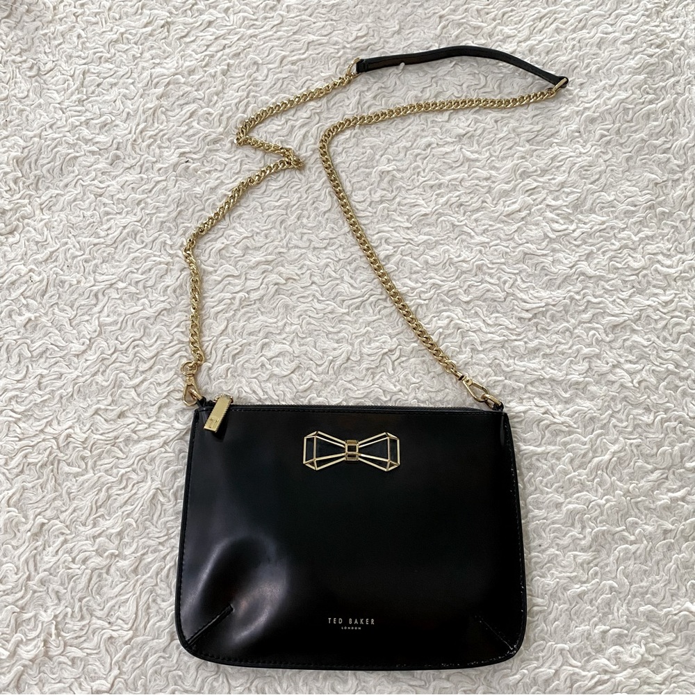Ted Baker Vintage London Bow  Black and Gold Chain Crossbody Bag Purse